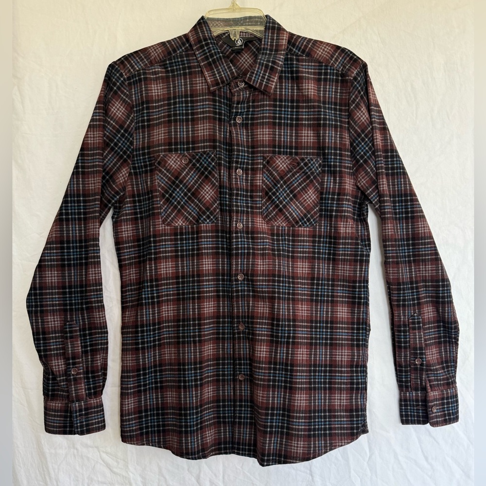 Volcom Mens M Plaid Flannel button Shirt brown Black blue skater Cabincore norm